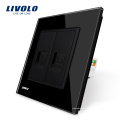 Fabricação Livolo Painel De Vidro De Cristal Preto 2 Gangues Wall Tel e Com Soquete / Tomada VL-C791TC-12 Sem adaptador de Plug